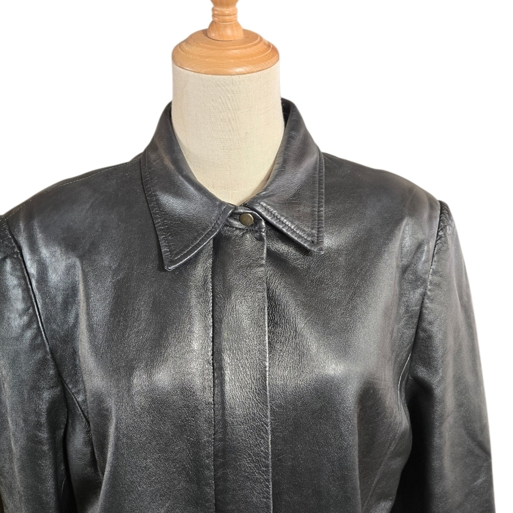 Amanda Smith Vintage Black Leather Collared Jacket Plus Size - Picture 2 of 10